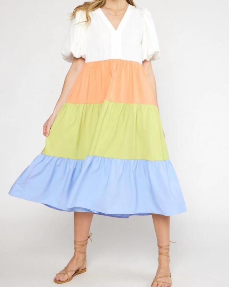 Front of a model wearing a size Large The Encanto Tiered Color Block Midi Dress In Off White Combo in Off White Combo by entro. | dia_product_style_image_id:342212